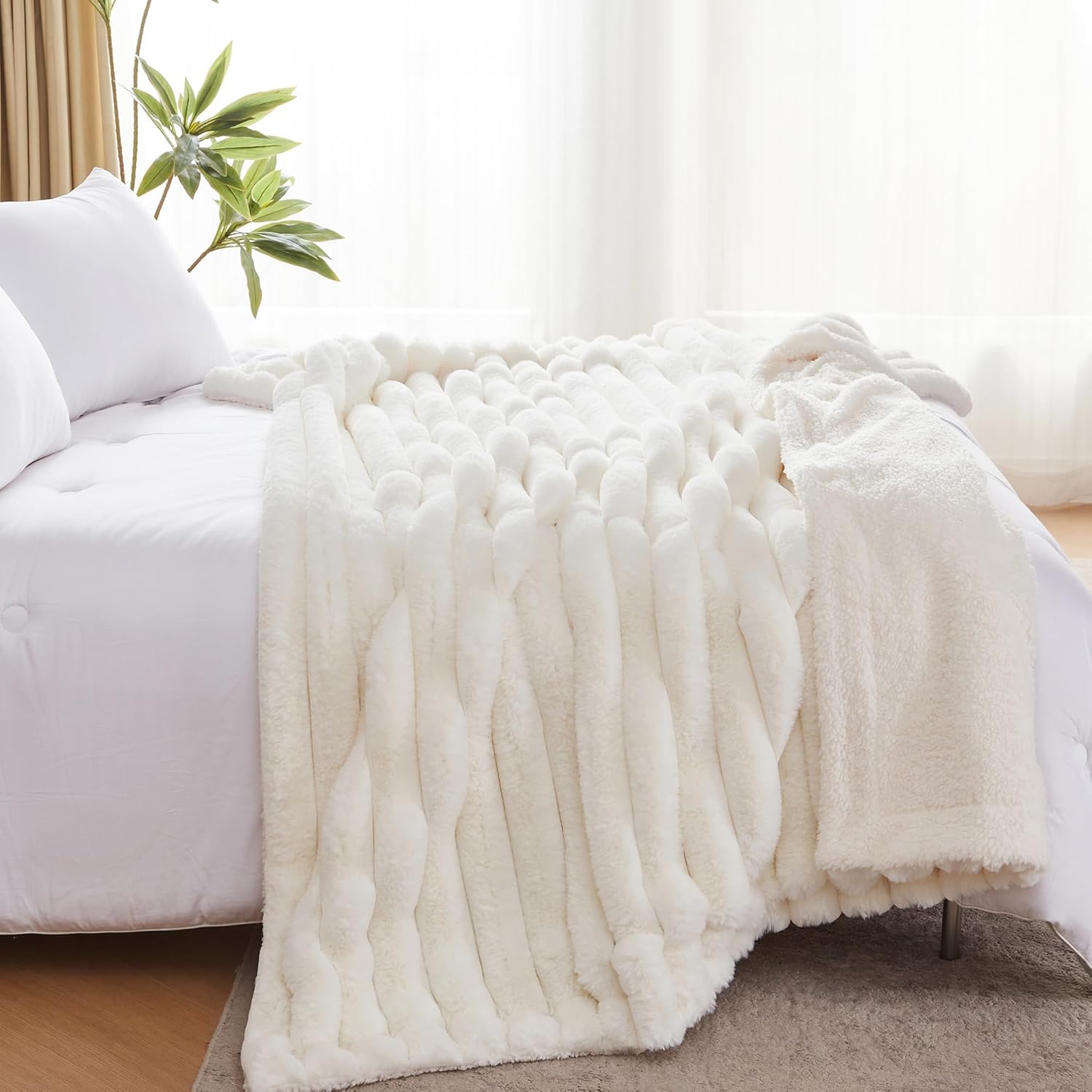50x60 Inches Ultra-Soft Fuzzy Faux Fur Throw Blanket, Plush Striped Blanket - Thick, Warm Sherpa for Couch, Sofa, Bedroom, Camping - Decorative Blanket for Cozy Warmth, Ivory White