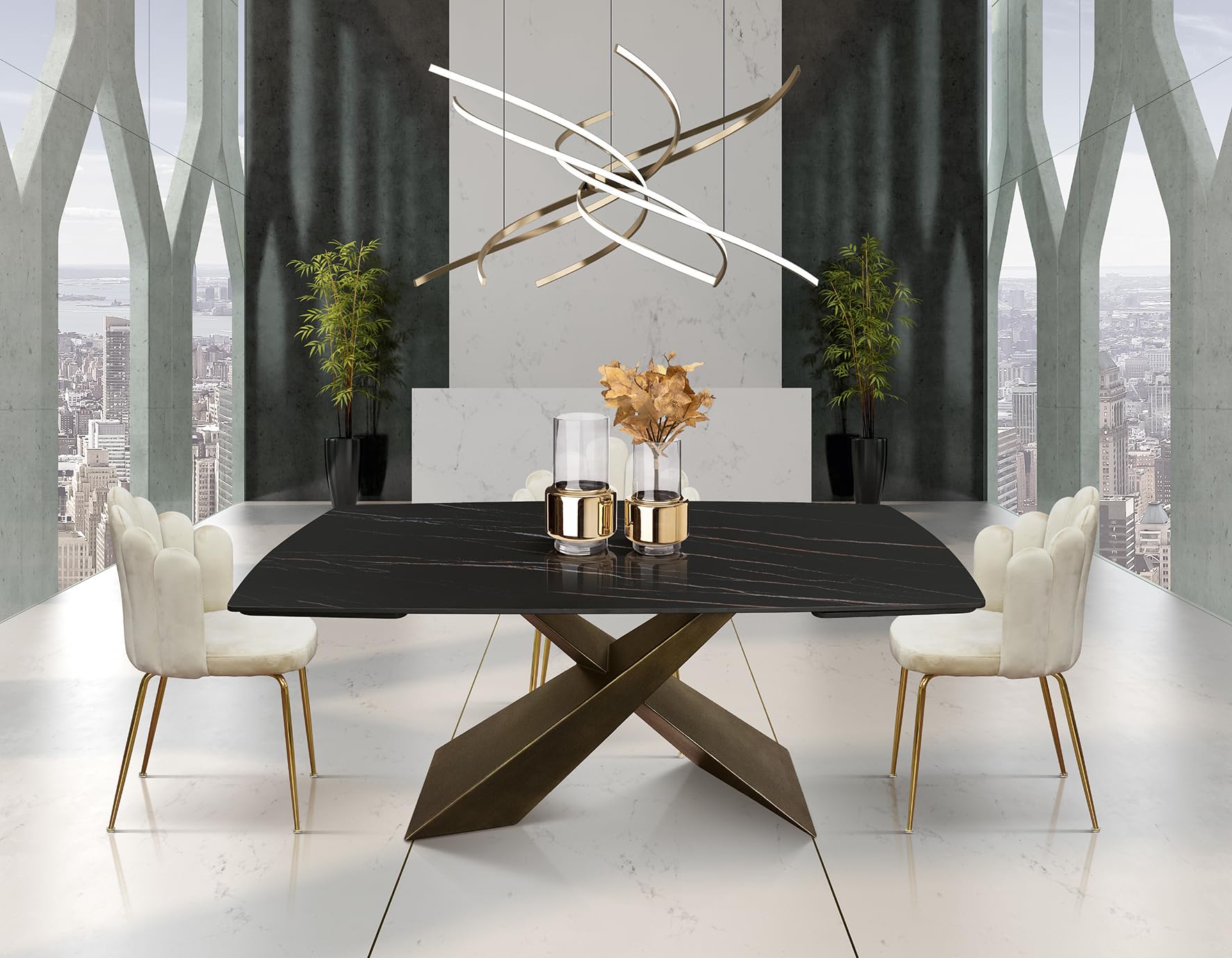 PAZZO DESIGN Tavolo Allungabile Daniele, Piano Ceramica Golden Nero, Finitura Opaca, Gambe In Metallo Bronzo, Cucina, Soggiorno, Ceramica, 160x90x76 Cm - id_2074