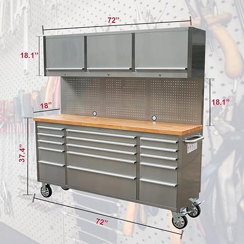 Miniatura 2 de Caja de herramientas de 72 pulgadas con 15 cajones con gabinete superior de 3 y tablero de clavijas en acero inoxidable (Acero inoxidable) 72" Con 3
