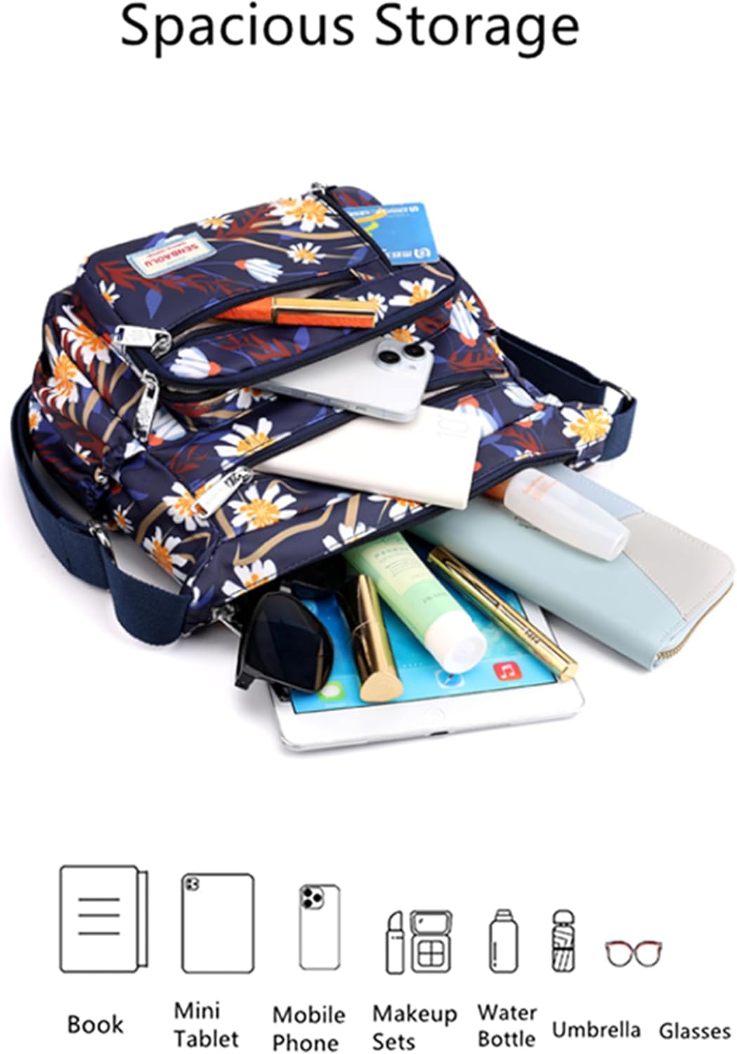 Crossbody Bag for Women Nylon Multi pockets Shoulder Bag Waterproof Floral Messenger Satchel Purses and Handbags - Image 7