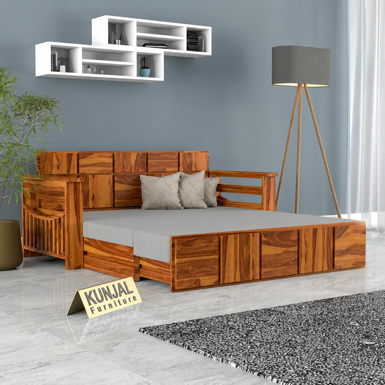 Kunjal Furniture Solid Sheesham Wood Sofa Cum Bed with Storage for Living Room | Natural Finish | 3-Seater Convertible Sofa Bed | Handmade Wooden Furniture (Natural+Grey, Contemporary)-image-34