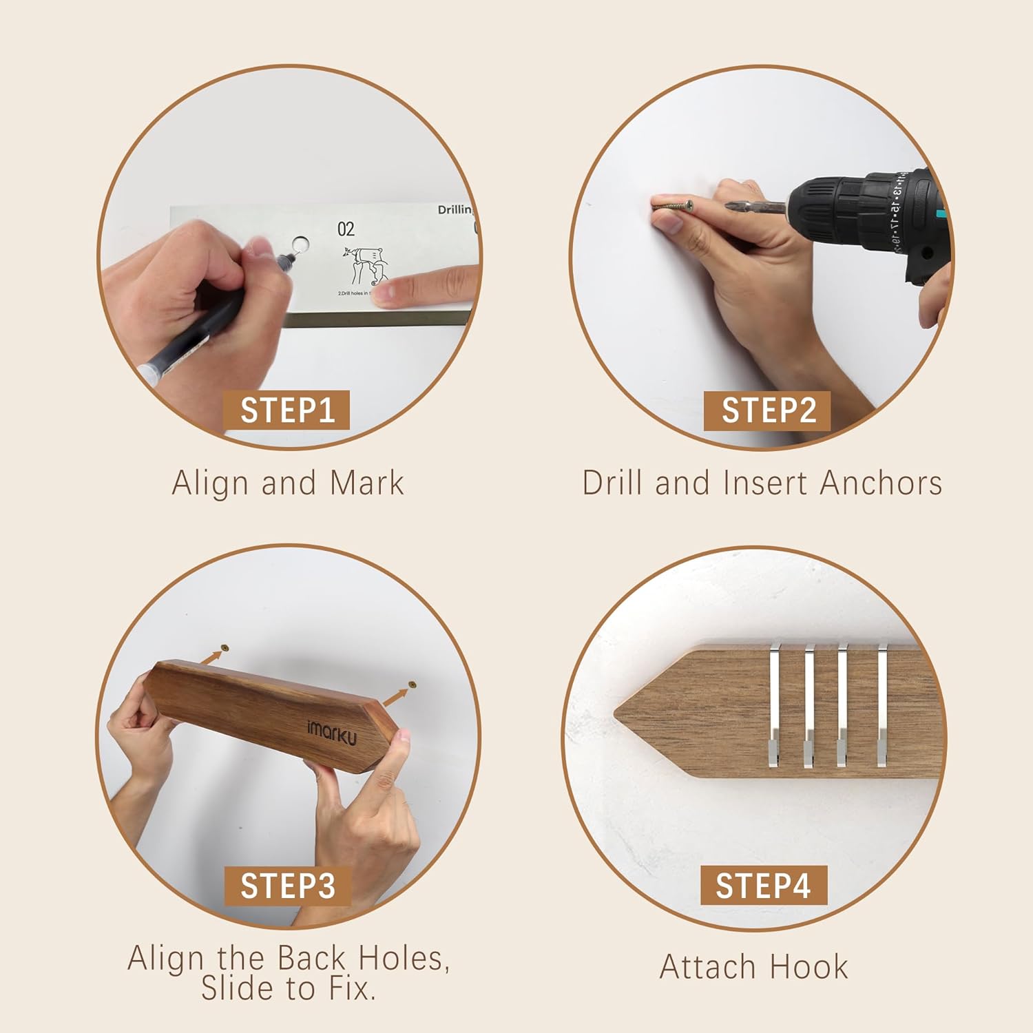 imarku Magnetic Knife Holder for Wall - 16 Inch Acacia Wood Magnetic Knife Strip with Powerful Magnet, Knife Magnetic Strip for Kitchen Utensil Organizer with 4 Hooks, Natural Acacia