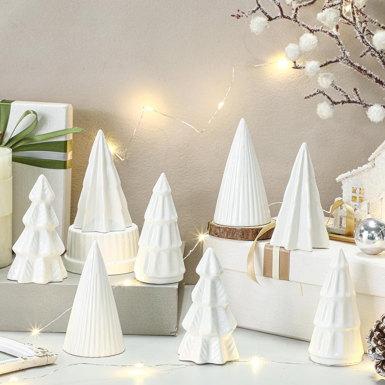 Nuenen 8 Pcs Ceramic Christmas Tree Porcelain Christmas Tree Winter Christmas Trees Mini Stoneware Trees for Mantle Vintage Table Shelf Living Room Bedroom Cabinets Office Desktop (Vintage)