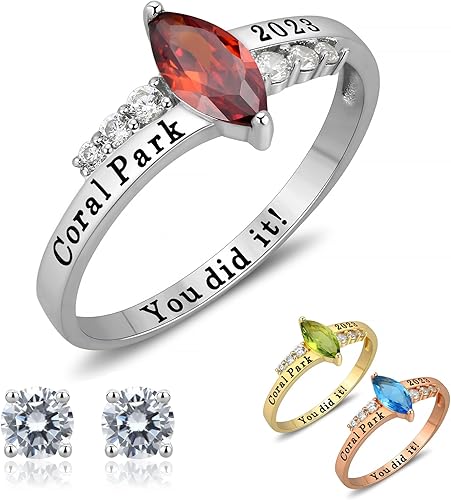 Anillos de clase personalizados con circonita cúbica, piedra natal, anillos de clase para mujer, plata de ley chapada en oro rosa, anillos de