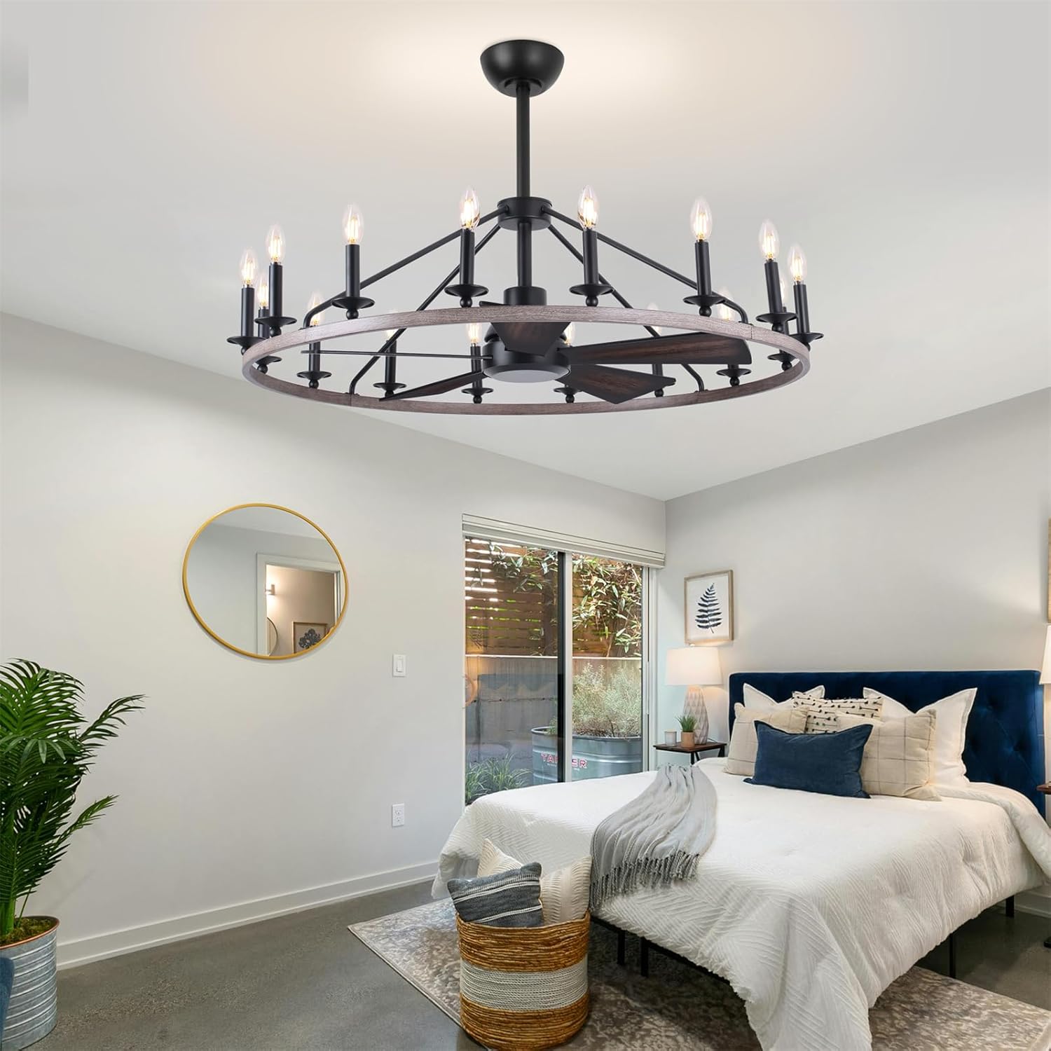 44" Wagon Wheel Chandelier with Fans, Wagon Wheel Ceiling Fan with 16-Lights and Remote, Farmhouse Chandelier for Living Room Dining Room, Adjustable Height, 6-Speed Reversible Quiet Large Fandelier
