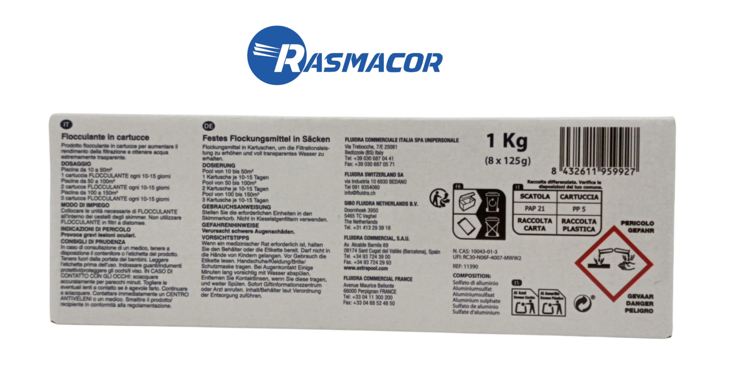 RASMACOR | Floculant Pool Cartouches 8 x 125g pour systèmes de Filtration Sable & Verre 1Kg | 11390 | Clarificateur pour eaux Troubles | Eau cristalline | Accessoires de Piscine | Fabr. Europe