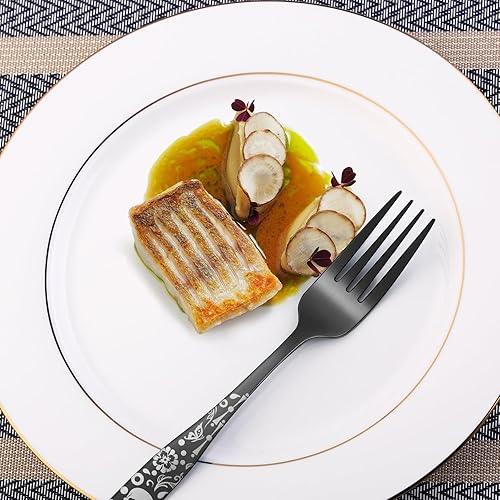 Miniatura 6 de Juego de cubiertos negros con diseño de calavera para 4, juego de cubiertos de acero inoxidable mate de 20 piezas, diseño único de esqueleto de