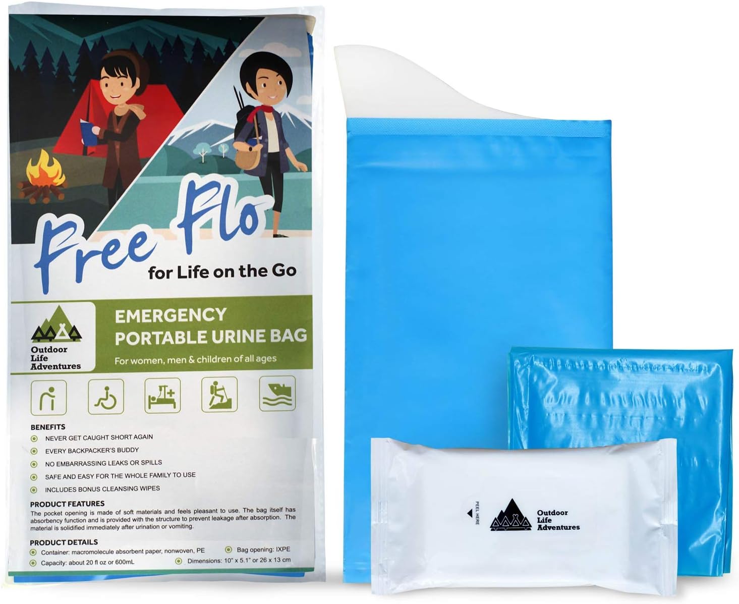 Disposable Urine Bags With Gel - 10 Pack - Easy To Use Emergency Pee, Vomit Bags - Unisex Design Is Ideal for Women and Children - Use For Car, Travel, Camping, Hiking - Includes Bonus Cleansing Wipes