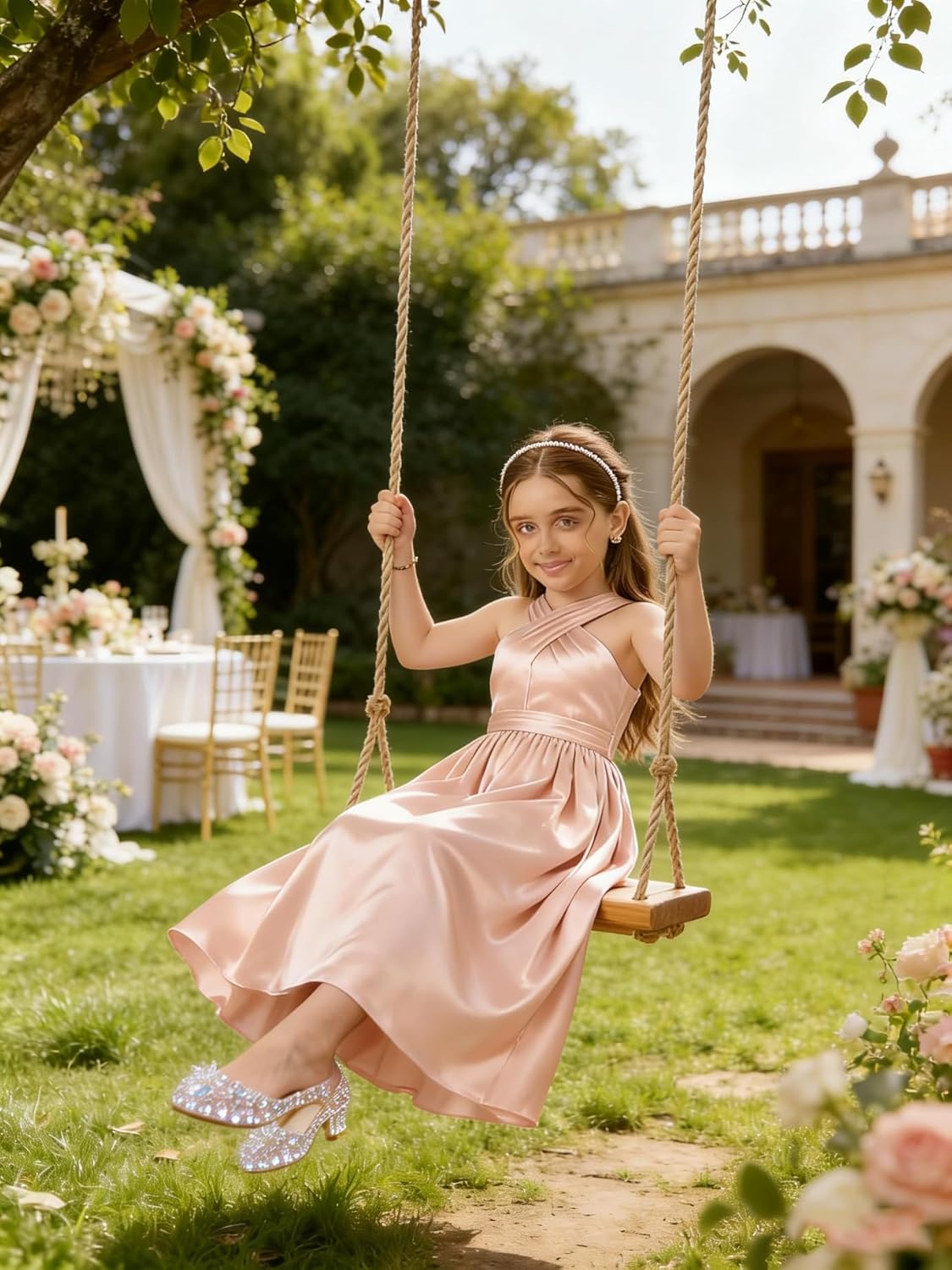 Junior Girls Bridesmaid Halter jr Bridesmaid Dresses for Teens Split Satin Flower Girl Formal Gown for Wedding
