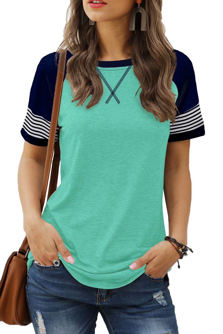 Sieanear Women's Striped Color Block T-Shirt | Leopard Print Casual Top | Short Sleeve Summer Tee
