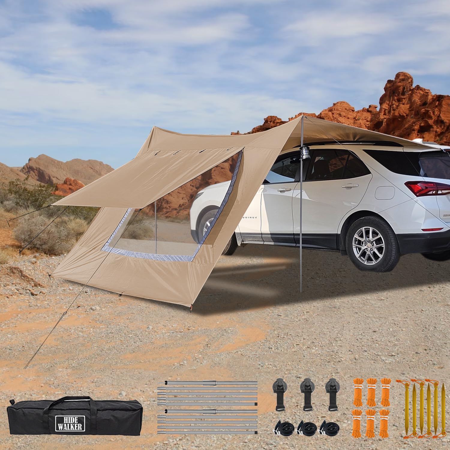 Auvent de Camping 3x5 pour Van Caravane Canopy Étanche et Anti-UV Abri de Hayon Abri Solaire Tarp de Camping avec Poteau (Brun, 3x5m)