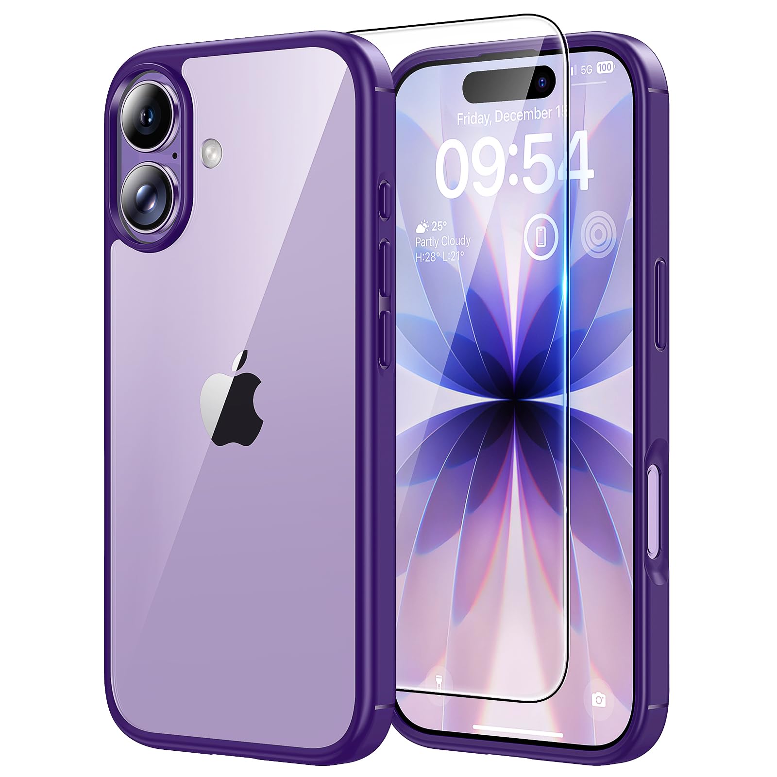 TAURI Coque pour iPhone 17 avec Protection D'écran en Verre Trempé, Protection Militaire, Coque Bumper Transparente Antichoc - Violet