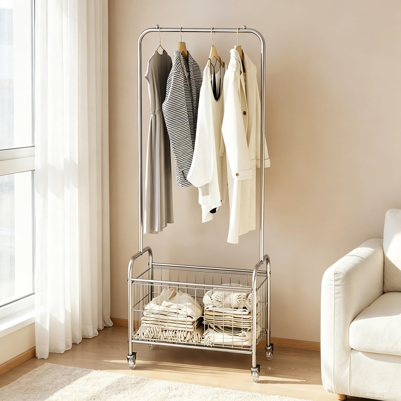 Qxgylz Rolling Clothing Rack, Freestanding Garment Rack with Storage Basket & Lockable Wheels