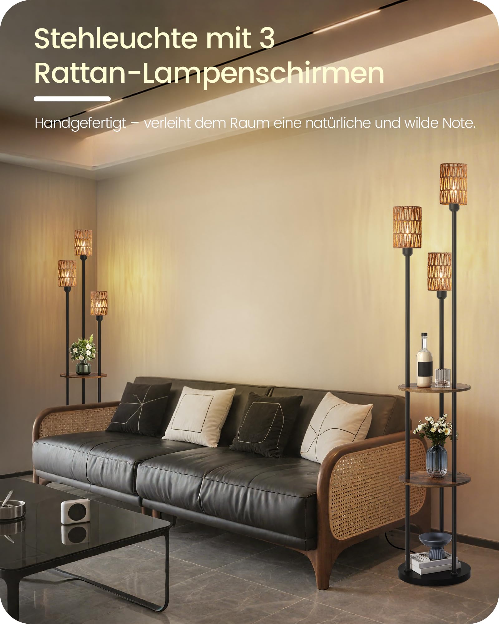 Stehlampe Wohnzimmer mit Ablage, 3-flammige Rattan Stehleuchte mit Regal Vintage, Boho Standleuchte aus Holz mit Fußschalter, E27 Fassung, retro rustikalbraun, moderne Regallampe ZYF53LDD05