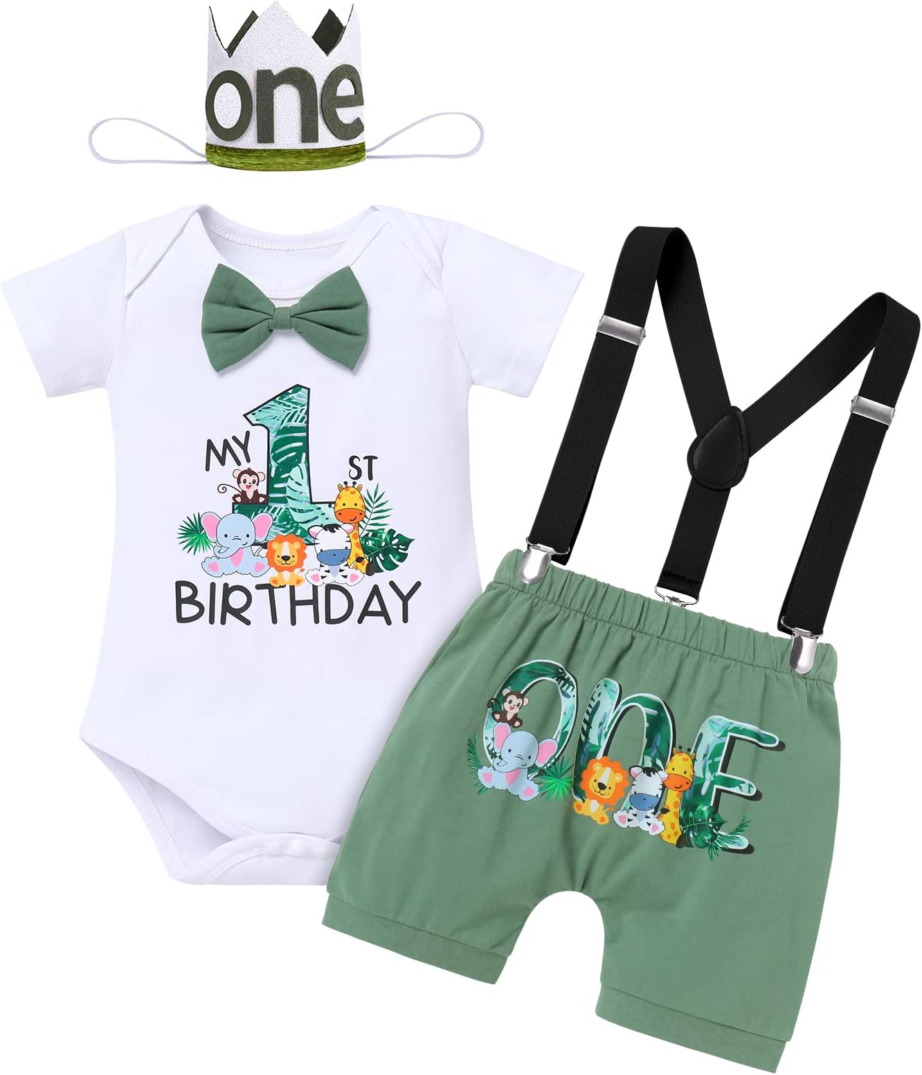 FYMNSI Baby Boy Jungle Safari Theme 1st / 2nd Birthday Cake Smash Outfit Cotton Bow Tie Romper T-shirt Suspenders Shorts Headwear 4pcs / 3pcs Set