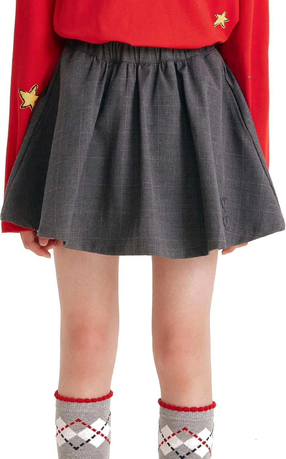 Girls Plaid Pleated Skirt with Built-in Shorts,Elastic Waist Casual Gray Ruffle Skirt for Girls 6-16Y