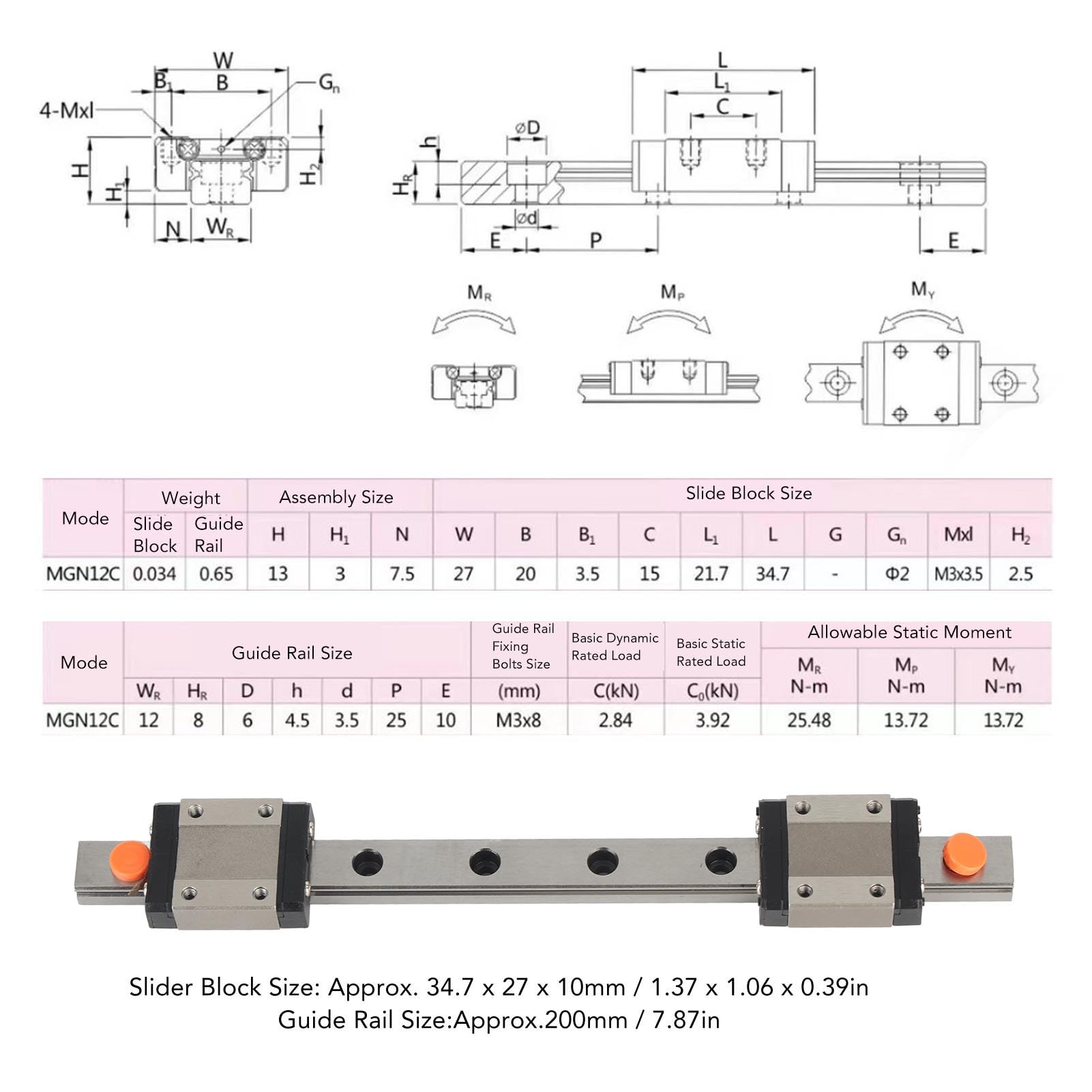 Miniatur Linearer Lagerschieber Kit MGN12C mit 2 Folieblöcken für 3D -Drucker und CNC -Teile Kompakt und 100 Mm (200mm)