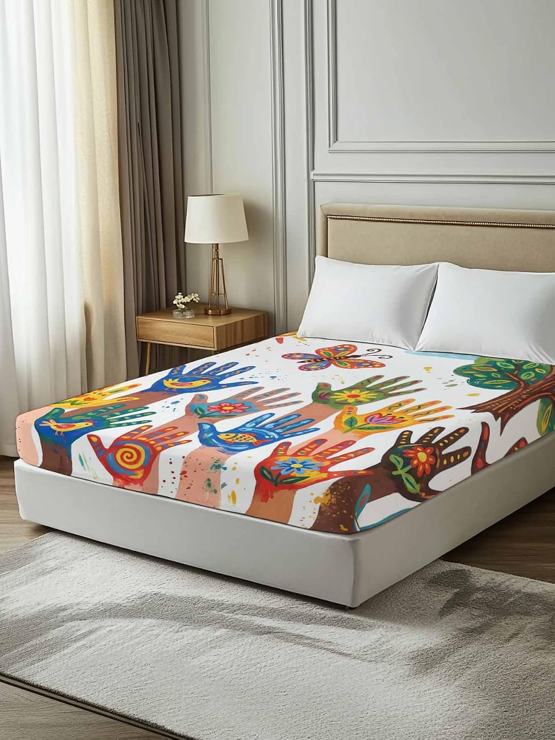Full Flat Sheet, Cartoon Children's Day Full Bed Sheets Only, Soft Microfiber Flat Sheet, Colorful Handprints Abstract Art Hotel Quality Bedding Top Sheet Bedroom Home Dorm Decor