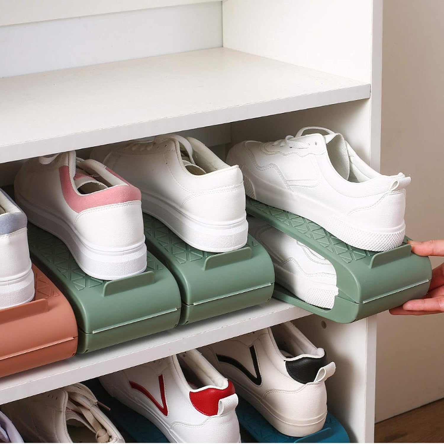 Adjustable Shoe Slots Shoe Rack 2 Tier Space-Saver Storage Organizer Shoe Cabinet Home Dormitory Living Room 11X26.5X6-20CM (Color : Blue Size : 16 pc) (Green 16 pc)
