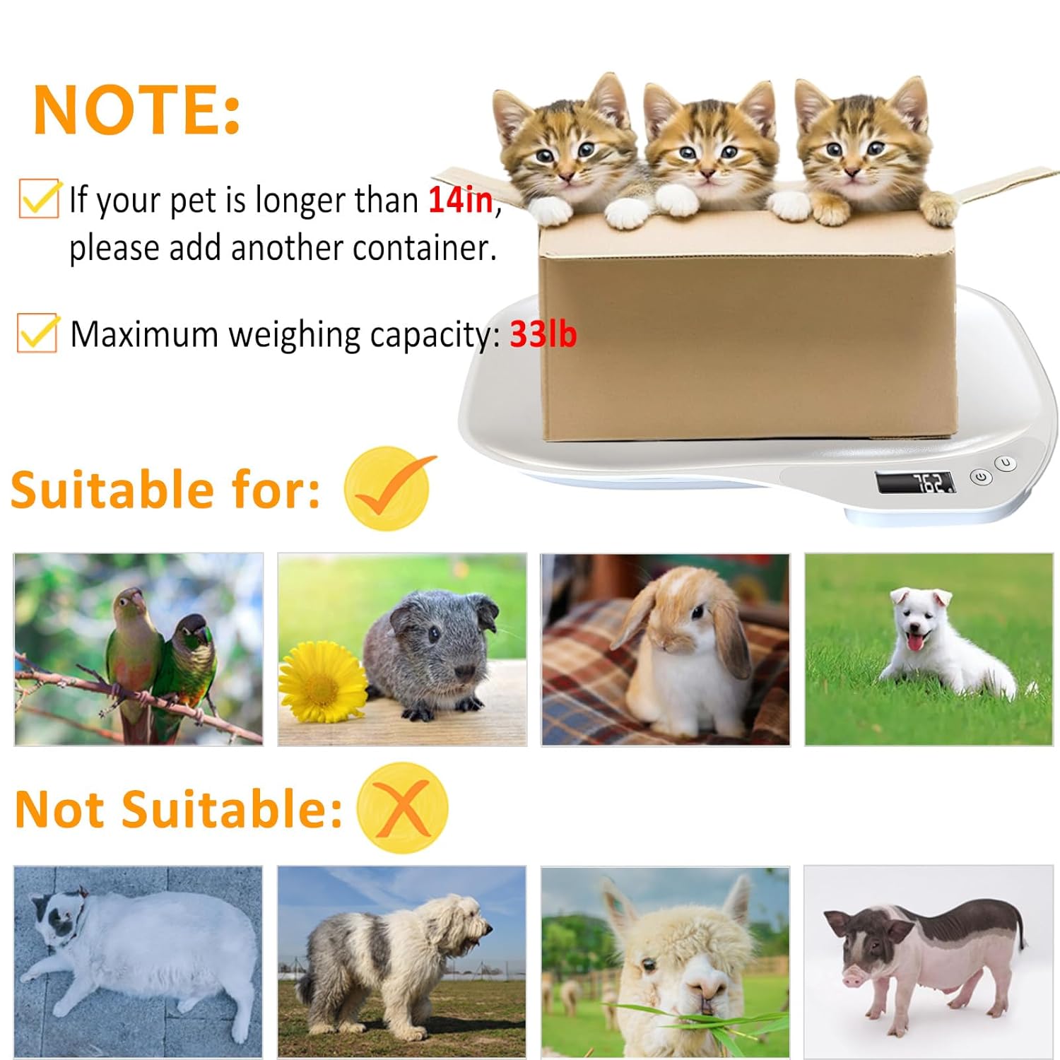 Small Animal Digital Scale,14 x 10 Pet Scale with LCD Display, Puppy Scale (Max 33lbs), Electronic Kitchen Food Scale, for Weighing Kitten, Puppies, Hamster, Newborn Pets (White)