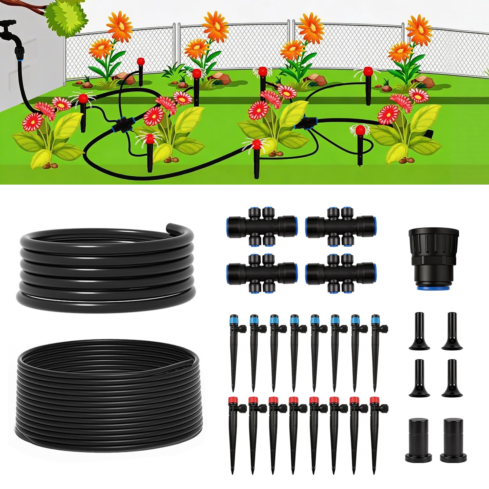 Photo 1 of 100FT Drip Irrigation System Kit, Quick Connect Garden Watering System, Easy Install Drip Irrigation Kit with 1/2" & 1/4" Tubing, Adjustable Emitters for Garden, Raised Beds, Greenhouse