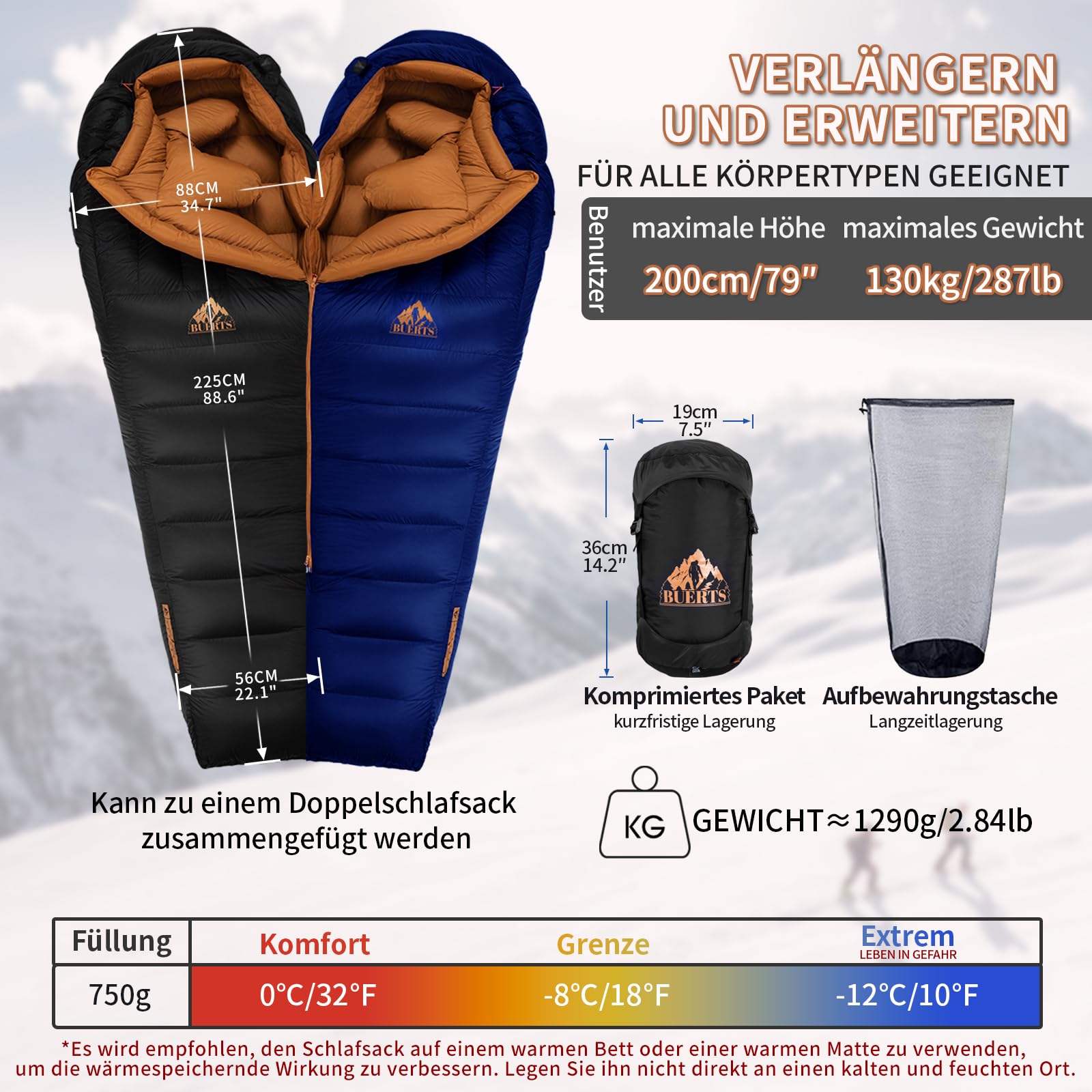 Winter-Daunenschlafsack, für 0 bis -24°C kaltes Wetter. Ultraleichter Mumien-Schlafsack, für Erwachsene & Jugendliche beim Camping, Wandern & Backpacken.