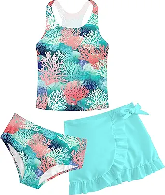 Girls Swimsuits 3 Piece Tankini Bathing Suit Set Cute Bikini Swimwear with Cover Ups Beach Skirt 5-16 Years