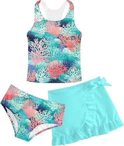 Girls Swimsuits 3 Piece Tankini Bathing Suit Set Cute Bikini Swimwear with Cover Ups Beach Skirt 5-16 Years