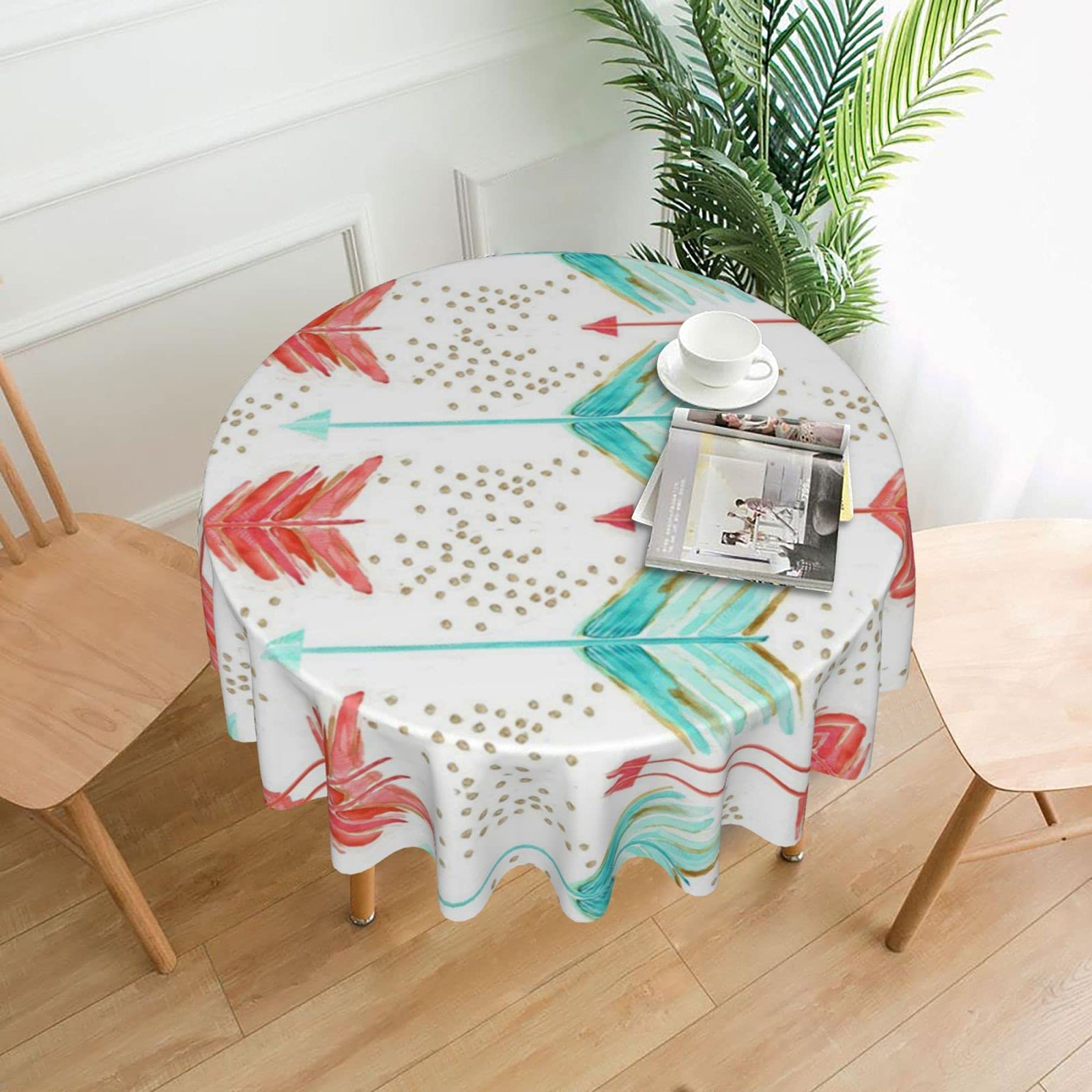 Lawenp Coral and Teal Arrows Decorative Round Table Cloths - 60 Inches in Diameter for Buffet Tables, Parties, Holiday Dinners.