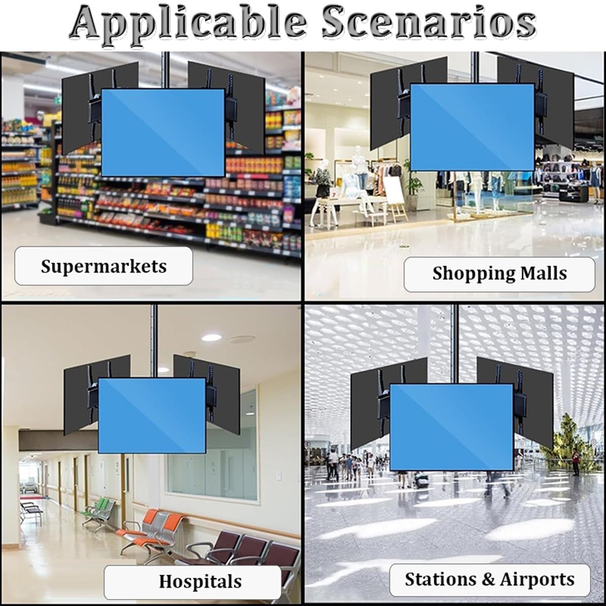 Soporte de techo para TV comercial de 32 a 75 pulgadas, soporte de techo de 3/4 lados con 7 niveles de ajuste de altura y alcance telescópico de 1,2 a 2 m, máxima de 150 kg,4screen