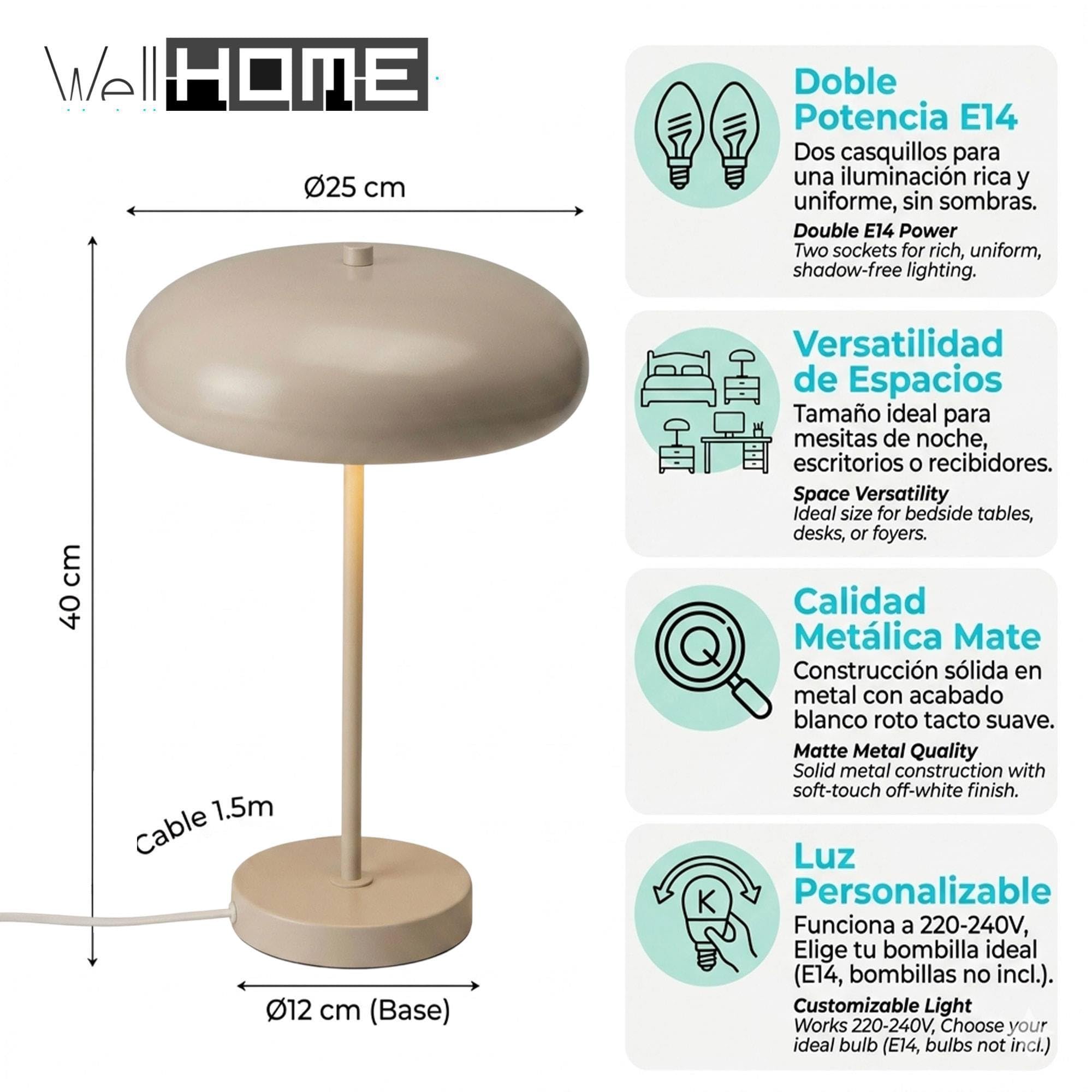 Well Home Lámpara de mesa metálica color Arena Ø25x40cm de diseño moderno con doble casquillo E14