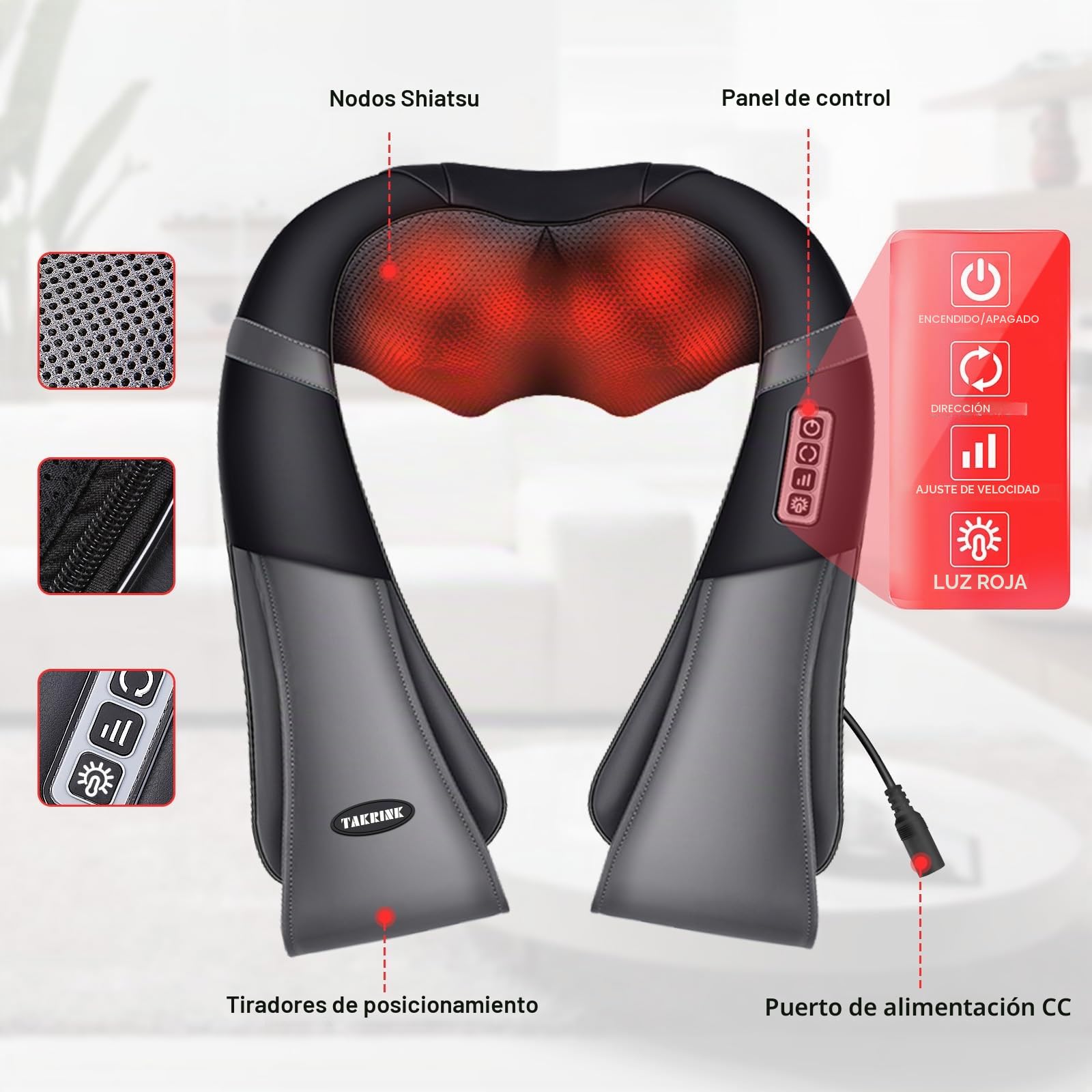 TAKRINK Masajeador Shiatsu 16 Cabezales de Masaje Integrados Masajeador de Hombros Cuello 3 Niveles de Velocidad Dirección Ajustable Relajación con Calor en Oficina Casa