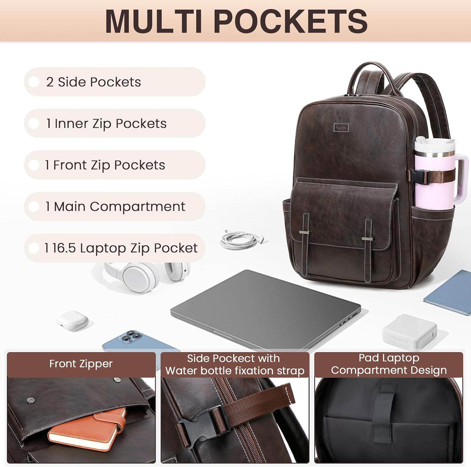 Vegan Leather Laptop Backpack for Women Designer 15.6 Inch PU Laptop Bag, Ladies Travel Computer Work Backpack