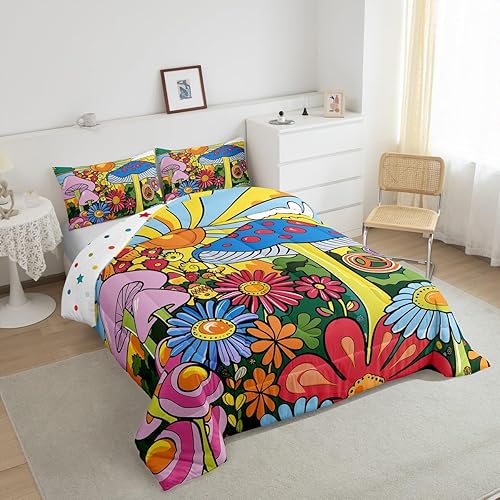 Miniatura 5 de Juego de edredón Kawaii de hongos, tamaño Queen, bohemio, juego de ropa de cama con estampado floral hippie y groovy, juego de ropa de cama y juegos