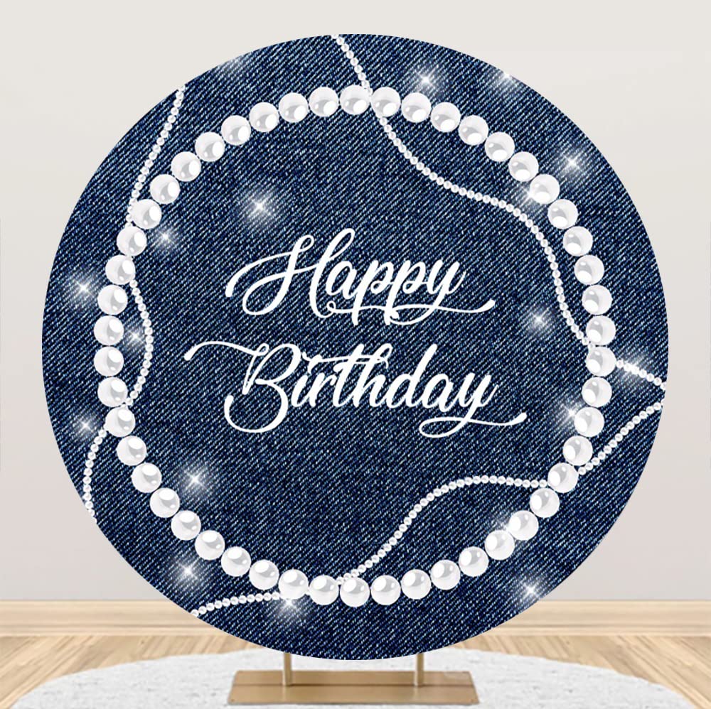 DORCEV 7.5x7.5ft Sparkling Pearl Necklace Happy Birthday Round Backdrop Cover Denim Blue Luxury Glitter Diamond Birthday Party Decoration Photography