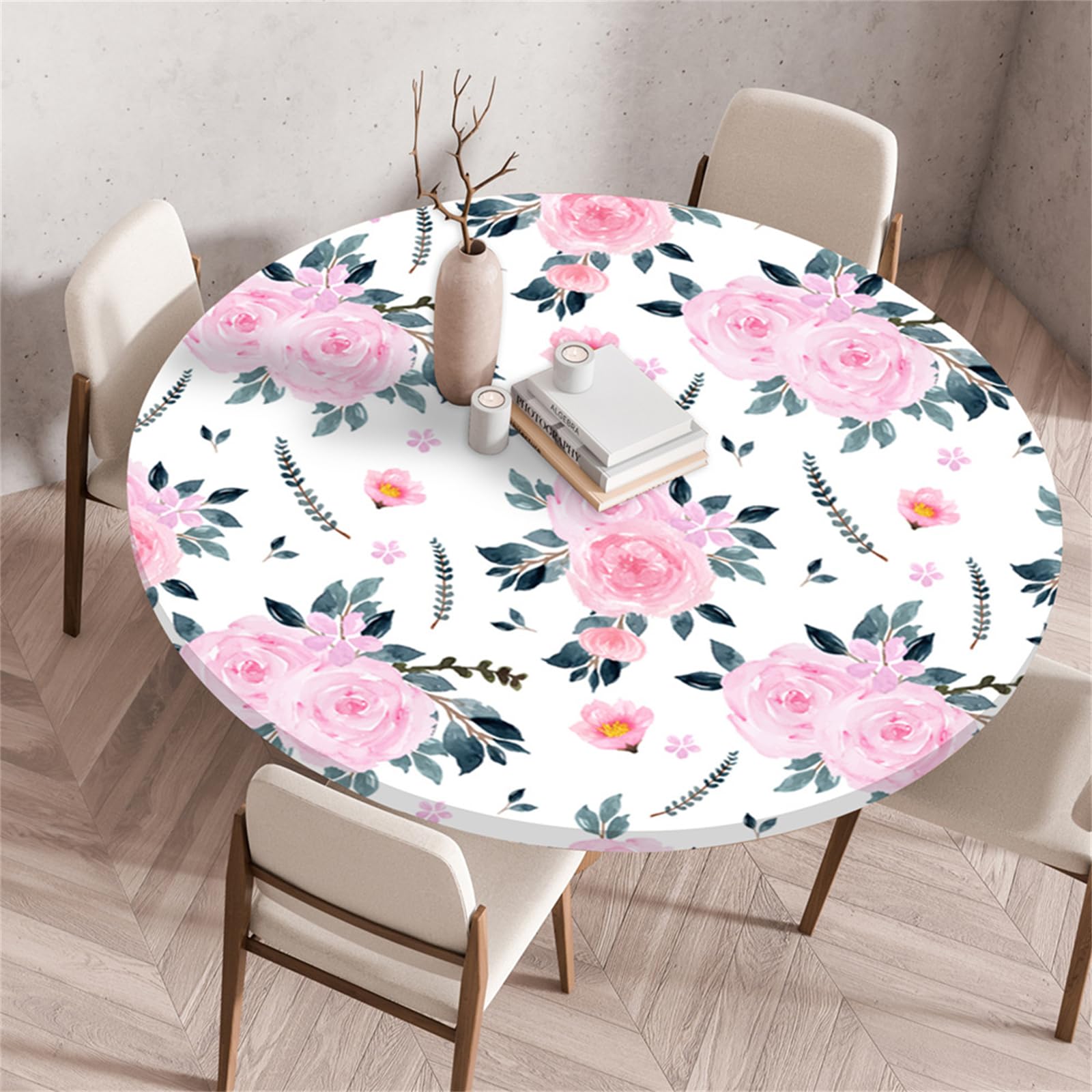 Muiuou Round Tablecloth, Waterproof Wipeable Table Cover Elastic Edge, Flower Printing Reusable Round Table Cover Cloth,Kitchen Fitted Restaurant Home Decoration (Diameter 110cm,Style 1)