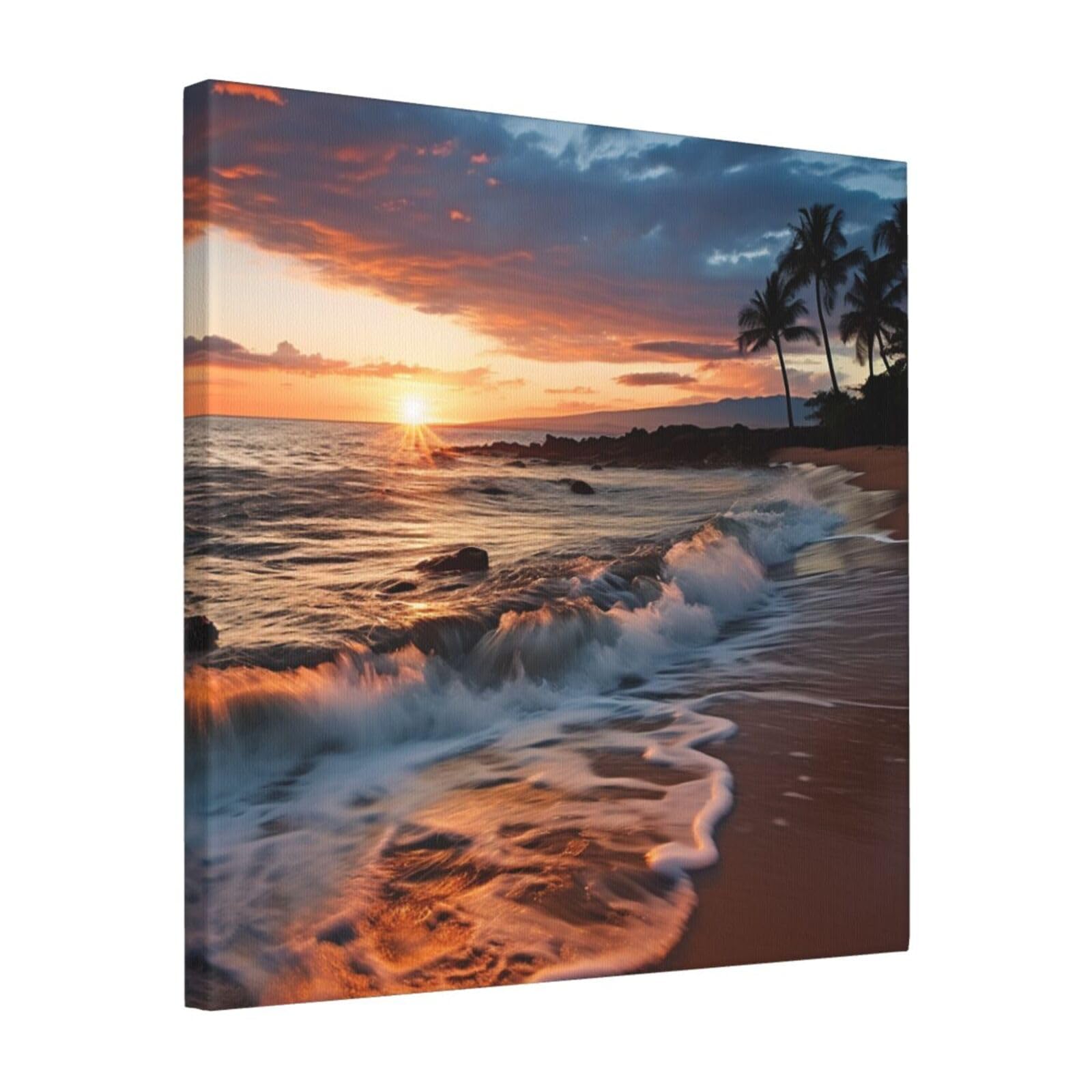 Beach Maui Hawaii Sunset Sea Waves Clouds Canvas Wall Art for Living Room 16"x16" Modern Artwork Painting for Bathroom Hanging Canvas Prints Aesthetic Wallart for Bedroom Kitchen Office Wall Decor