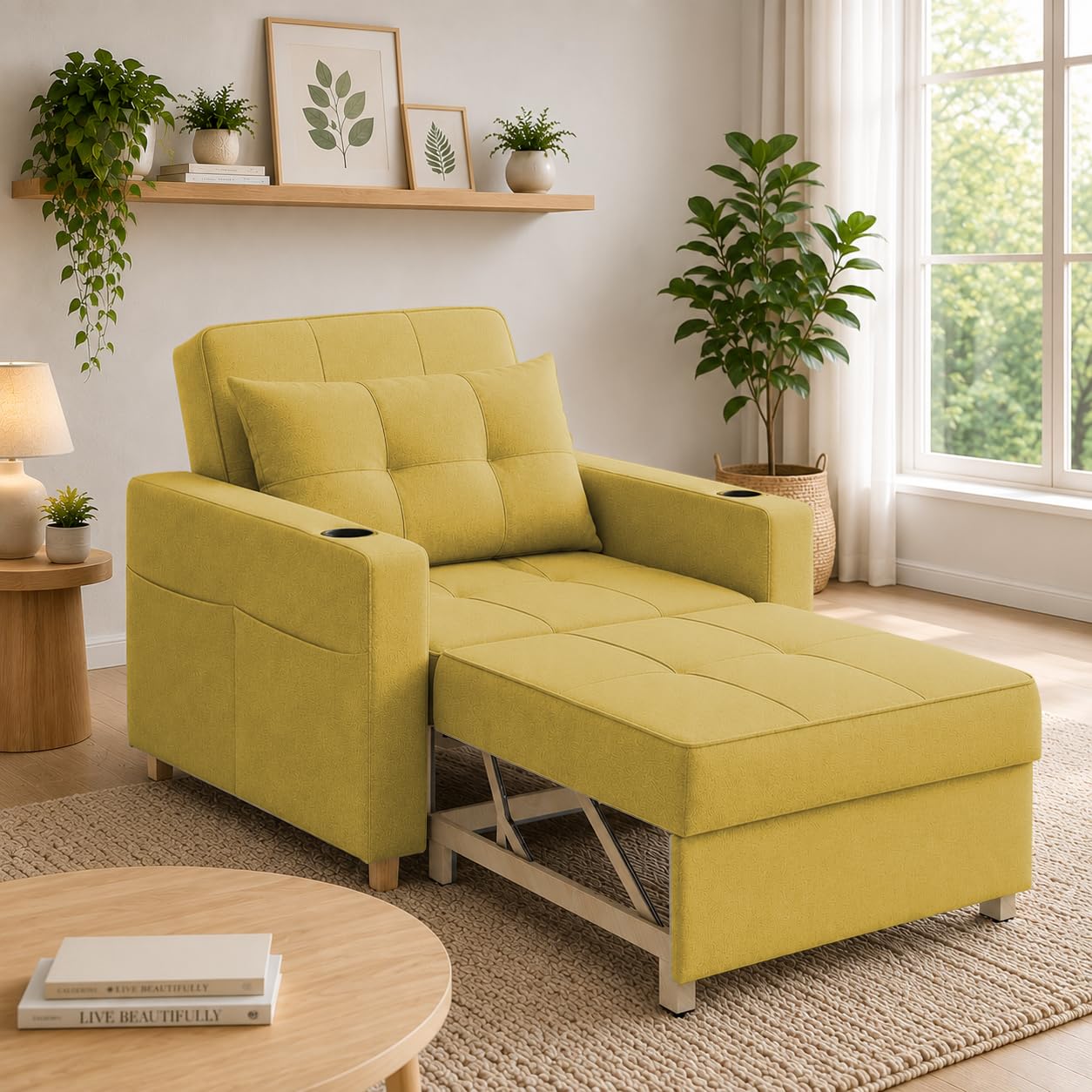 Casaliving Treshta Single Seater Sofa Cum Bed Sofa Set for Living Room (Yellow-Colour Fabric) Premium Fabric Sofa Cum Bed