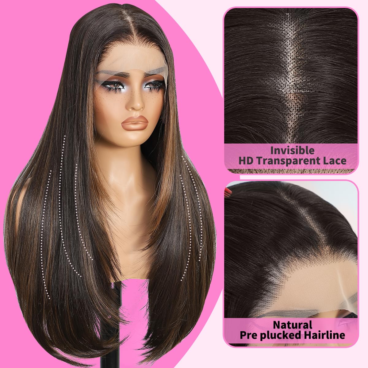 Synthetic Lace Front Wigs Pre Plucked 13x4 HD Lace 100% Futura Premium Highlight Brown Mix Black 26 Inch Long Layered Straight Wigs For Women Ready to Wear Wig With Bangs Beginner Friendly