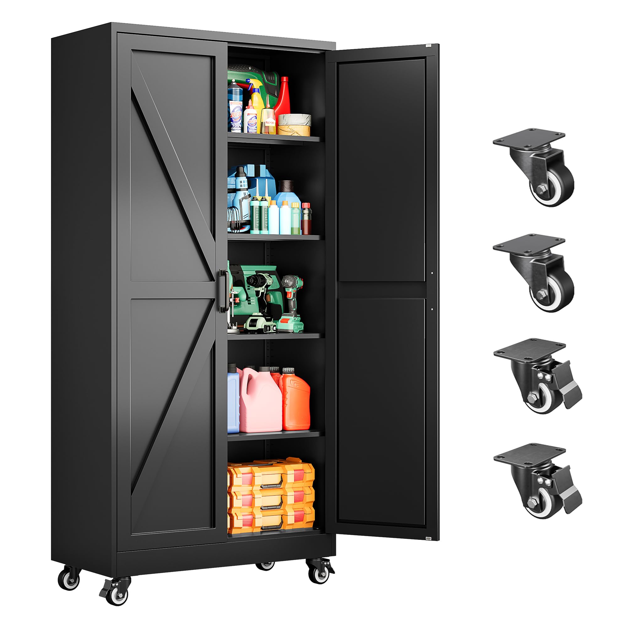 Wide &amp; Deep Metal Storage Cabinet with Wheels,72 inch Tall Rolling Garage Storage Cabinet,Metal Cabinets with Wheels and Shelves, Deep Heavy Duty Tool Cabinet for Garage,Home,Office,Shop (Black)