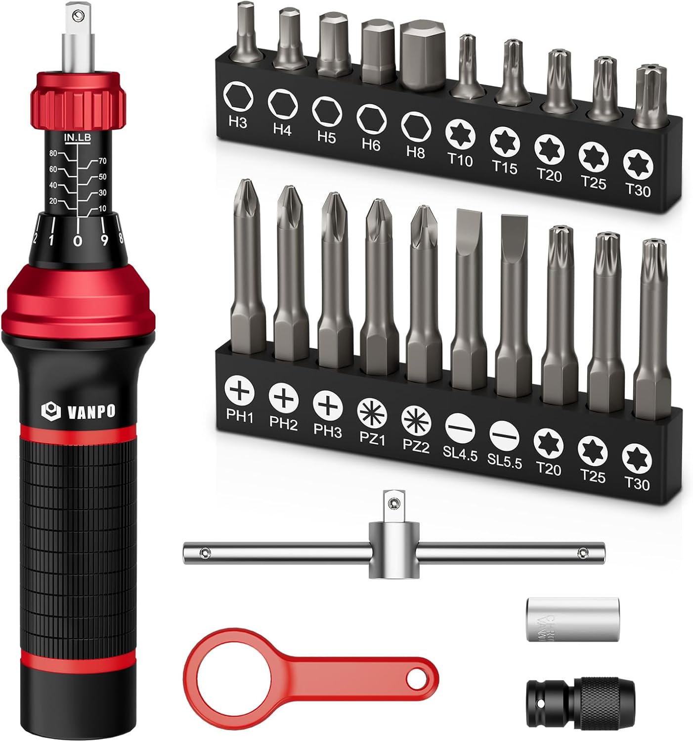 Torque Screwdriver, 24Pcs 10-80 In-lb Torque Wrench Screwdriver Set with Hex, Torx, Phillips, Pozidriv, Schlitz, Bits Adapter, T- Bar Handle, Precision Tool for Bike, Scope Mounting