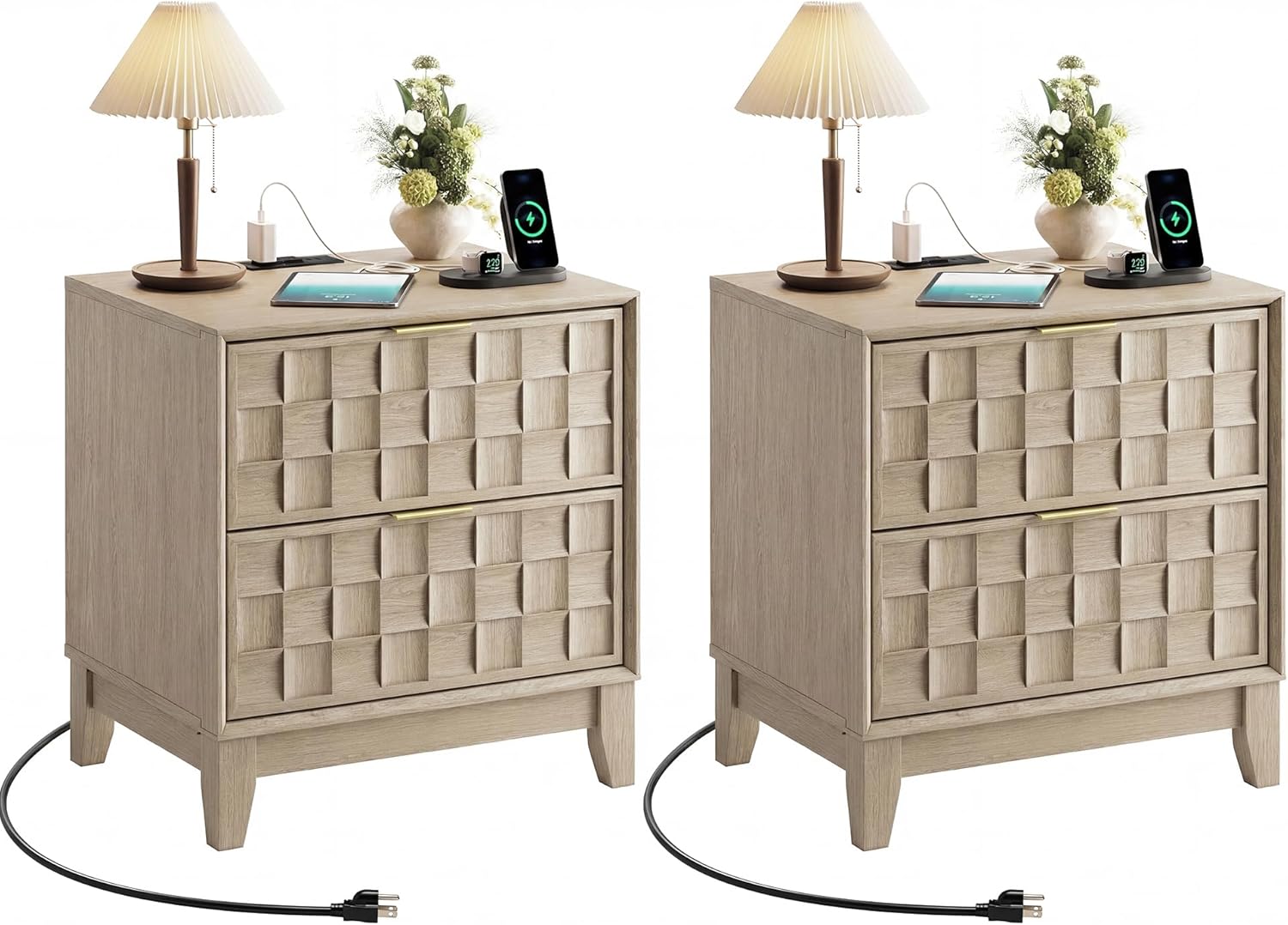 COLAMY Night Stand with Charging Station Set of 2, Modern Nightstand Bedside Table, Wooden 2 Drawers Dresser, with Chessboard Relief and Charger, for Bedroom, Living Room and Small Space - Oak