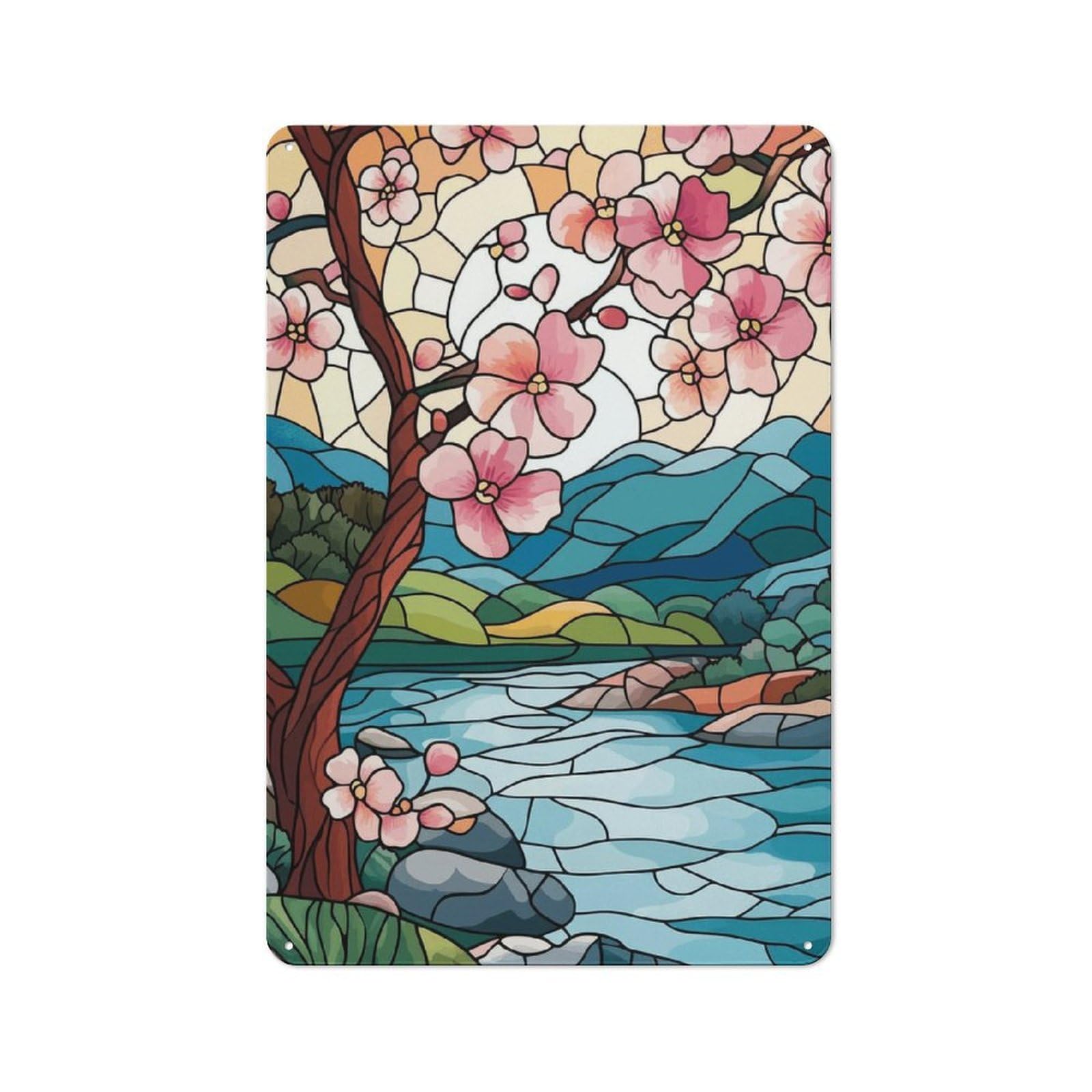 Junmoney Style-22 For Lounge Or Reading Corner, Stained Glass Nature Scene Retro Metal Sign 30X20cm, For Metal Sign Collectors, For Garage And Workshop Walls