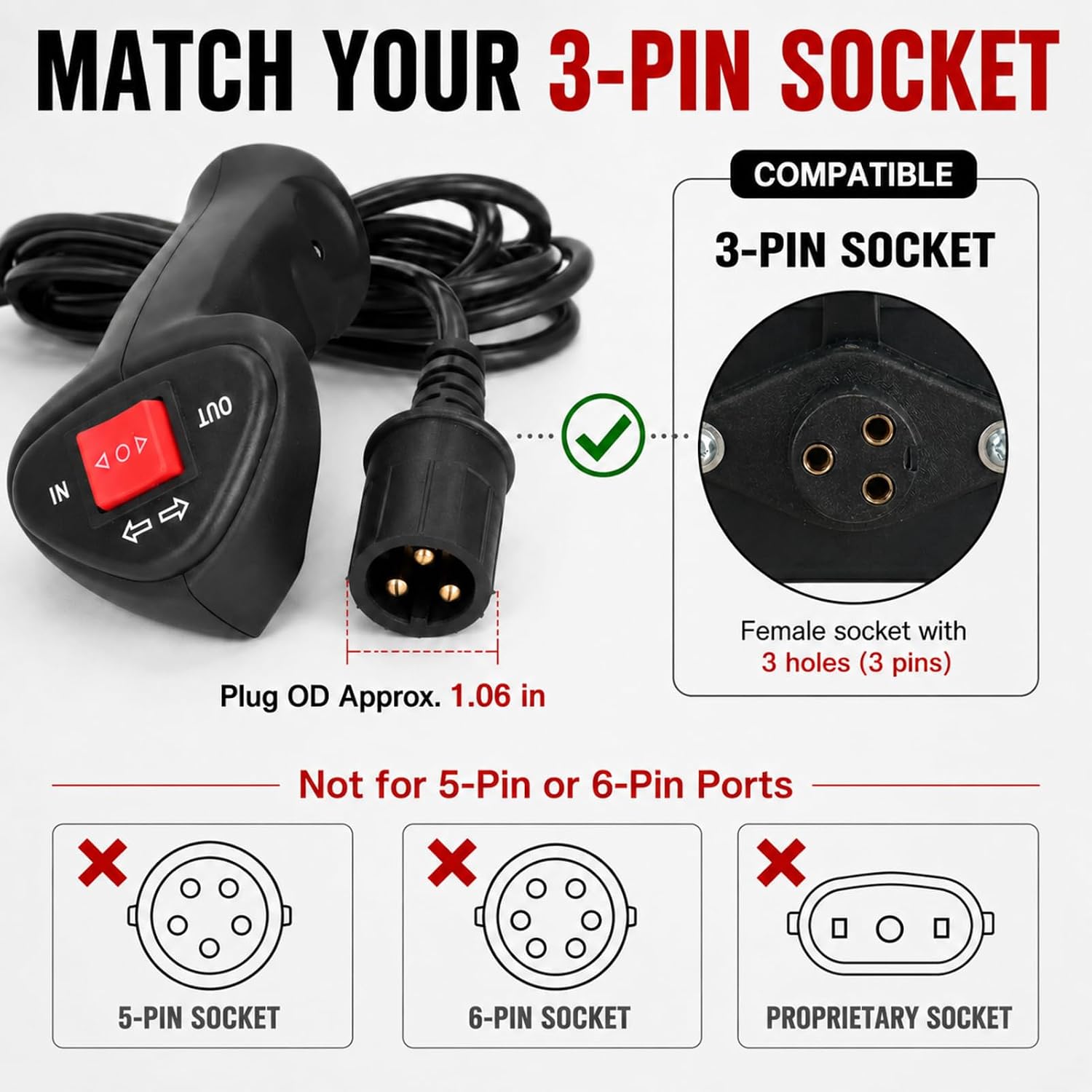 3 Pin Wired Winch Remote Control Controller, 9.2 ft Cable Handheld Winch Switch with Plug, Replacement Winch Handle for Electric Recovery Winches on Truck SUV ATV UTV Off-Road Vehicle