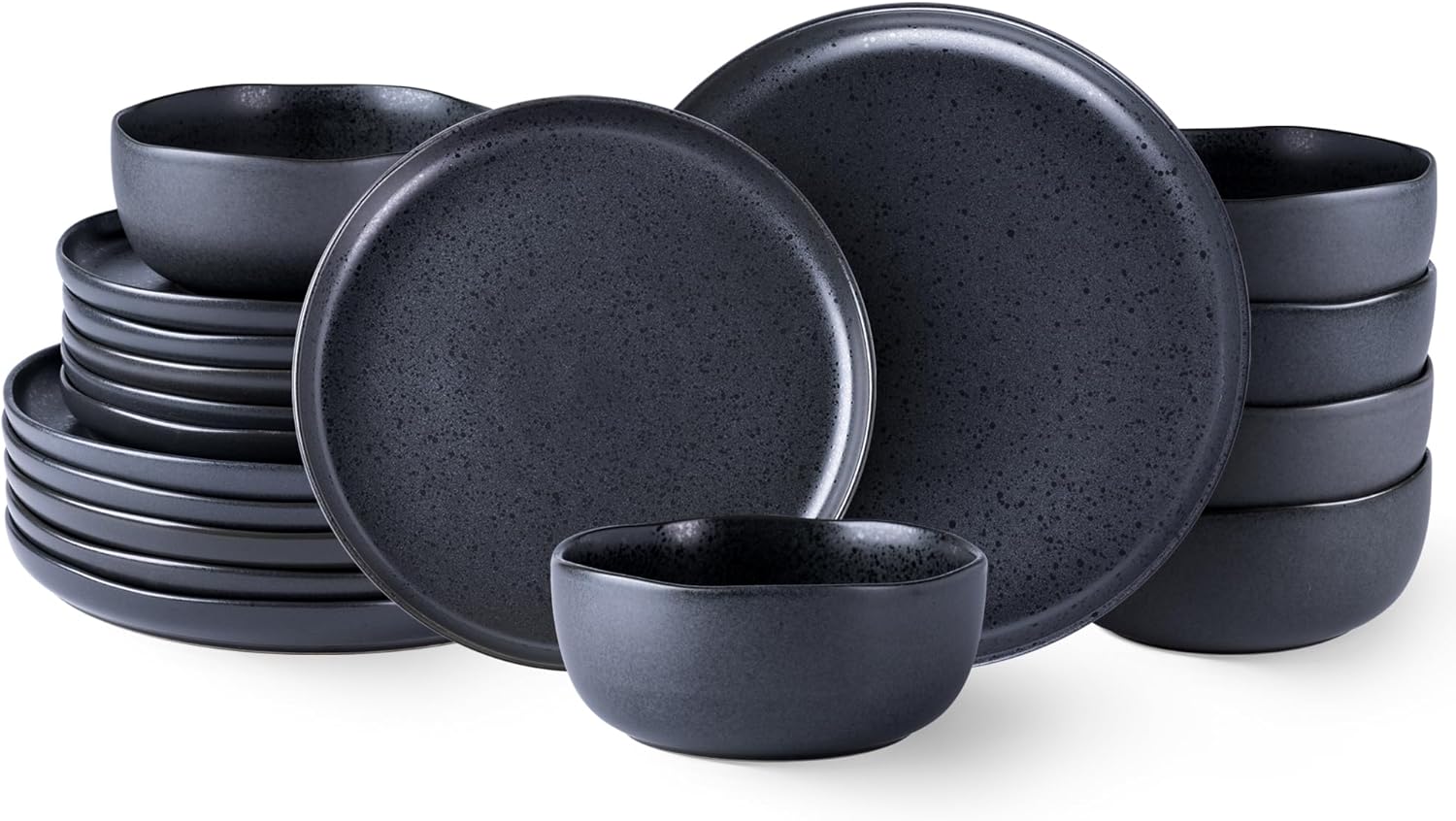 amorarc ceramic dinnerware sets, wavy rim stoneware plates and bowls sets, highly chip and crack resistant | dishwasher & microwave & oven safe dishes set, service for 6 (18pc)-speckled black matte speckled black service for 6