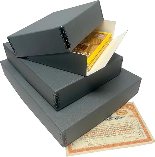 Miniatura 5 de Lineco, Caja de almacenamiento de archivos de museo gris de 17 x 22 pulgadas, diseño frontal caído. Sin ácidos con borde de metal. Conserva la