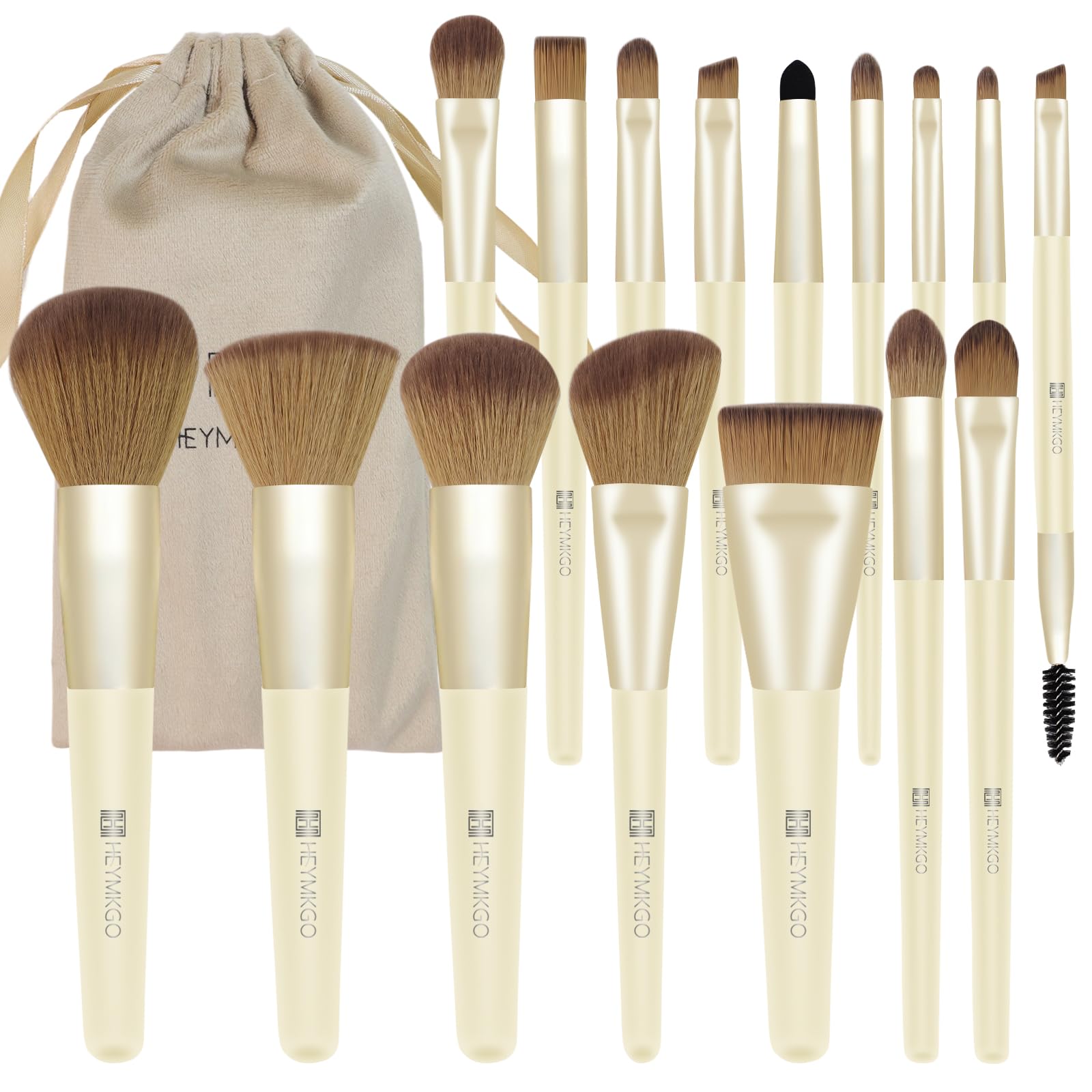 HEYMKGO Set de pinceaux de maquillage 16 pièces avec sac en velours, pinceaux professionnels pour fond de teint, correcteur et visage avec poignée en bois - Set complet pour maquillage parfait