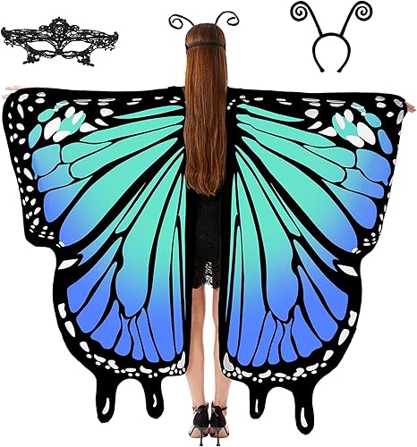 Tibeha Alas de mariposa de Halloween para mujer, capa de disfraz para niñas y adultos, máscara, diadema de antena