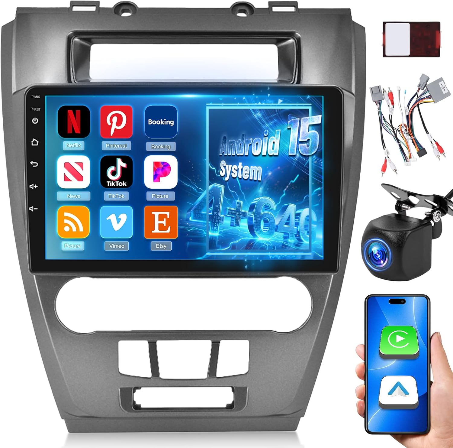 [4+64G] Upgrade Radio for Ford Fusion Mustang Mondeo 2009-2012: 10 inch IPS Touchscreen Android 15 Radio - Wireless Carplay and Android Auto, Custom Homepage, DSP/EQ, 5G/WiFi, SWC + Rearview Camera