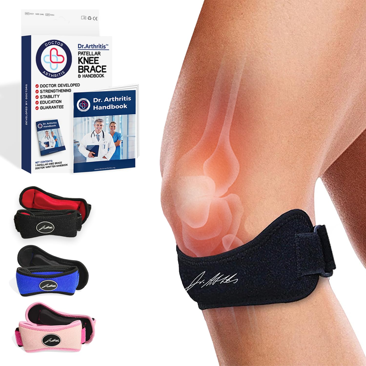 Dr. Arthritis Doctor Developed Patella Tendon Strap, Knee Strap, Brace And Handbook, Patellar Tendonitis (Jumper’s Knee), Pfps (Runner’s Knee), Itbs, Chondromalacia (Black, Single)